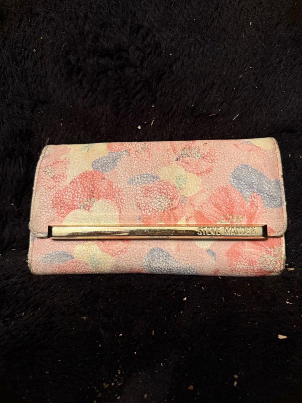 Steve Madden Pink Floral Fold-Over Wallet with Gold Bar